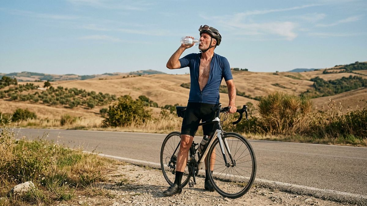 Ciclista su strada beve da una borraccia durante un'uscita estiva tra le colline