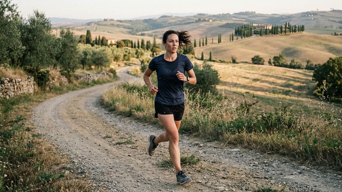 Runner corre su una strada sterrata tra colline coltivate e filari di cipressi, nella luce calda del mattino